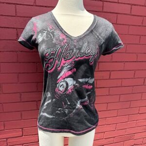 Harley Davidson Womens T‎ Shirt Gray Pink Rhinestone Motorcycle Graphic Tee S